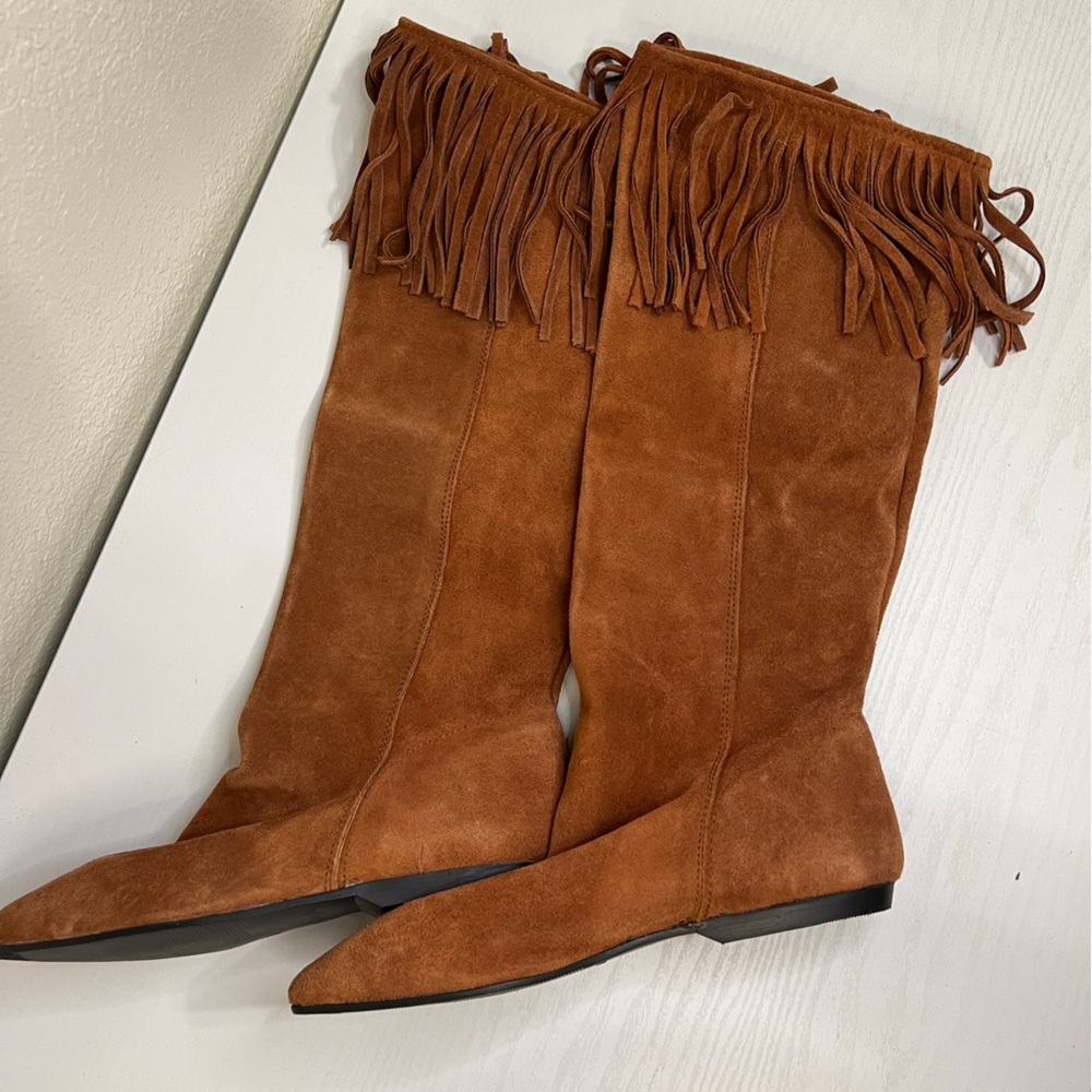 Fringe Suede Knee-High Boots - Tan Size 7